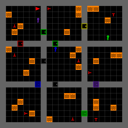 The whole search-and-rescue building: nine rooms with victims, lava, keys, and locked doors.