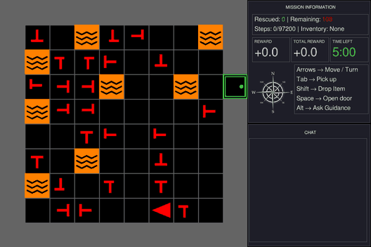The real interface: the agent rescues a real victim (green flash), then a decoy (red flash), then another real victim.