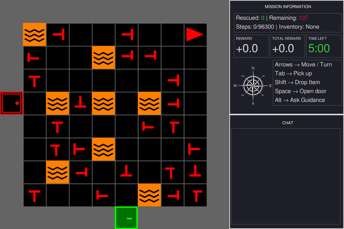 The MOSAIC window: the game view on the left; the mission, controls, and chat panels on the right