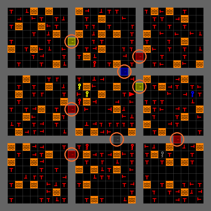 The building at locked_room_prob 0.9, with eight locked doors ringed in orange.