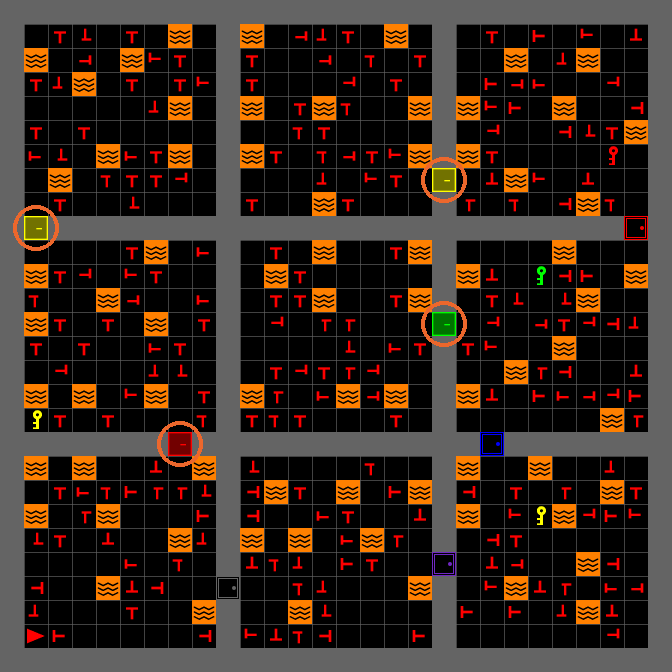 The building at locked_room_prob 0.5, with four locked doors ringed in orange.