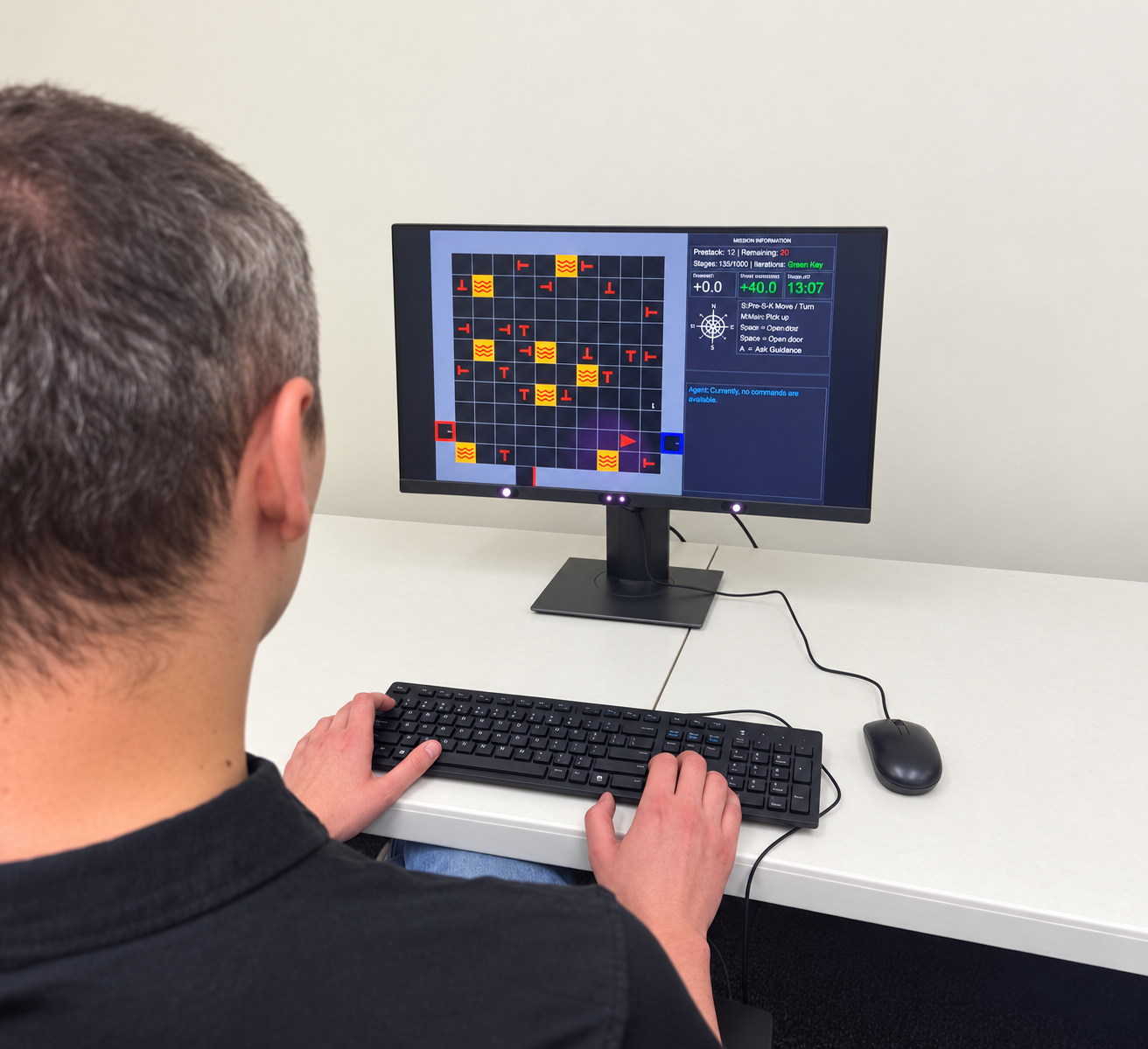 Participant using an eye tracker while playing the search-and-rescue game